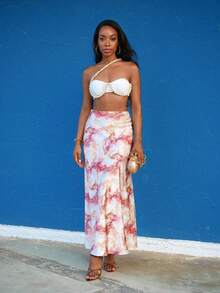 Yess Loren 女士优雅百搭 A 字型中长裙，全身印花，缎面长裙 - 咖啡棕 - 查看 6