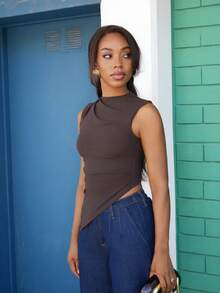 Yess Loren Women's Solid Color Sleeveless Cropped Casual Tank Top With Asymmetrical Hem,Multipack - Coffee Brown - View 5