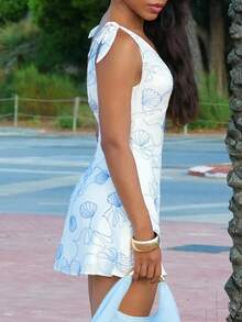 Yess Loren Seashell Embroidered White/Blue Sleeveless Tie Strap Low Back Summer Mini Sun Dress, Summer Outfits For Women, Beach Outfits For Women - White - View 5