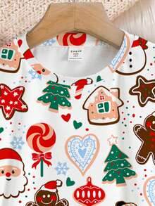 SHEIN 青少年女孩休闲简约圣诞卡通圣诞老人、姜饼人、雪人、圣诞树、铃铛、拐杖糖印花短袖圆领 T 恤和紧身裤睡衣套装，舒适贴身 - 彩色 - 查看 4