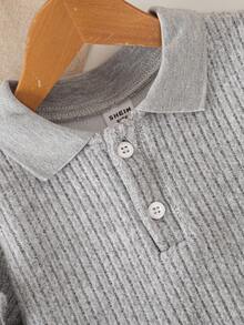 SHEIN 男婴休闲纯白色长袖纽扣领 Polo 衫，春秋季 - 灰色 - 查看 3