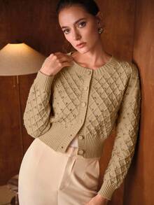 MOTF PREMIUM WOMEN'S ROUND NECK LONG SLEEVE RHINESTONE DECOR ELEGANT LONG SLEEVE CARDIGAN - Khaki - View 6