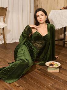 Côtesoire 3pcs Women's Elegant Romantic Lace & Velvet Camisole Top, Robe And Pants Sleepwear Set, Olive Green Green Pj Set Dark Green Pajamas, Winter Clothes - Green - View 4