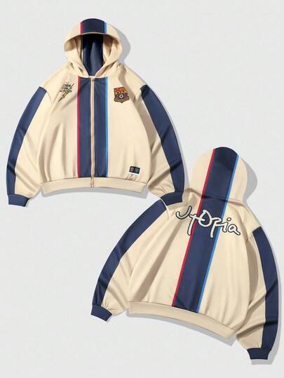 ROMWE MEN Prep 男士撞色印花连帽长袖运动衫，秋季