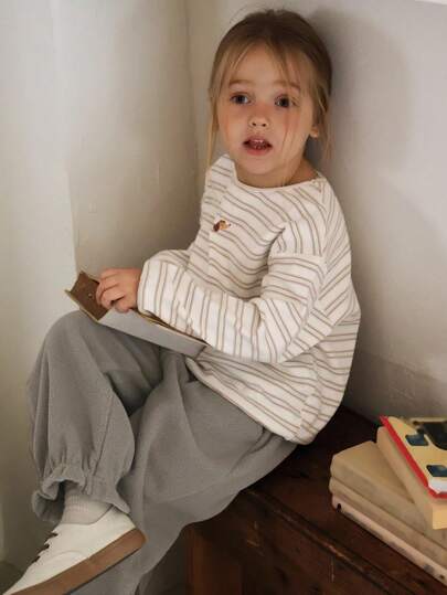 DAZY 2 件套少女女孩条纹针织印花长袖 T 恤 + 裤子套装，秋季