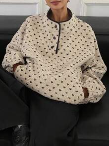 Livesso Women's Autumn Sherpa Allover Print Button Half Placket Casual Loose Sweatshirt