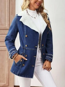 EMERY ROSE 女士翻领双排扣保暖内衬收腰牛仔夹克，秋冬季女士冬季外套 - 深色水洗藍 - 查看 5