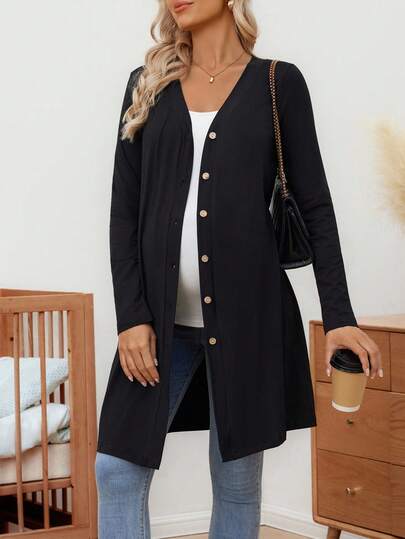 SHEIN Maternity Casual Solid Color Button Front Cardigan, Autumn