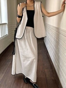 DAZY 女士优雅两件套：无袖撞色拼布背心和长裙 - 杏色 - 查看 4