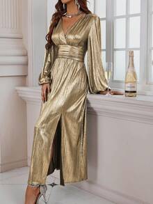 Allurite 女式金属纹理灯笼袖开衩连衣裙，适合新年节日派对服装，超长金属女装 - 金色 - 查看 3