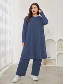 Lacomfia 2pcs Plus Size Casual Solid Color Side Split Top And Pants Set, Autumn, Casual Muslim Fashion Suit Longline Co-Ords, For Casual Daily 2 Pieces Set Modest - Blue - View 5