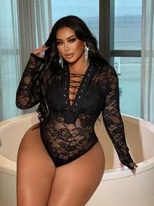 NU&NOW Plus Size Women's Sexy Sheer Lace Deep V-Neck Criss-Cross Strap Metal Grommet Criss-Cross Bow Tight Fit Design Sense Party Clubwear Bodysuit, Long Sleeve, New Autumn