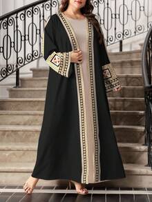 SHEIN Najma 大码女式简约几何图案数码印花长袖休闲阿拉伯长袍，春秋季 - 彩色 - 查看 3