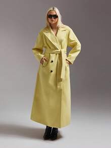 SHEIN ICON Women's Long Mustard Yellow Overcoat, Minimalist Design For Commuting And Casual Wear, Autumn/Winter - Yellow - View 5
