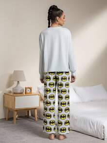 BATMAN X SHEIN Women's Bat Logo Print Long Sleeve Top And Pants Pajama Set, Spring/Autumn, Winter Clothes Comfy Pjs Comfy Pajamas Set Cartoon Pajamas - Grey - View 2