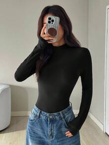 SHEIN EZwear 大码女式休闲日常通勤简约纯色立领长袖紧身衣，春秋季 - 黑色 - 查看 7