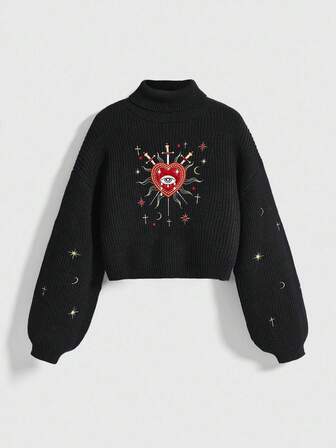 Goth Damen Pullover mit Stehkragen, gemusterter Stickerei und Ballonärmeln, kurzer Schnitt