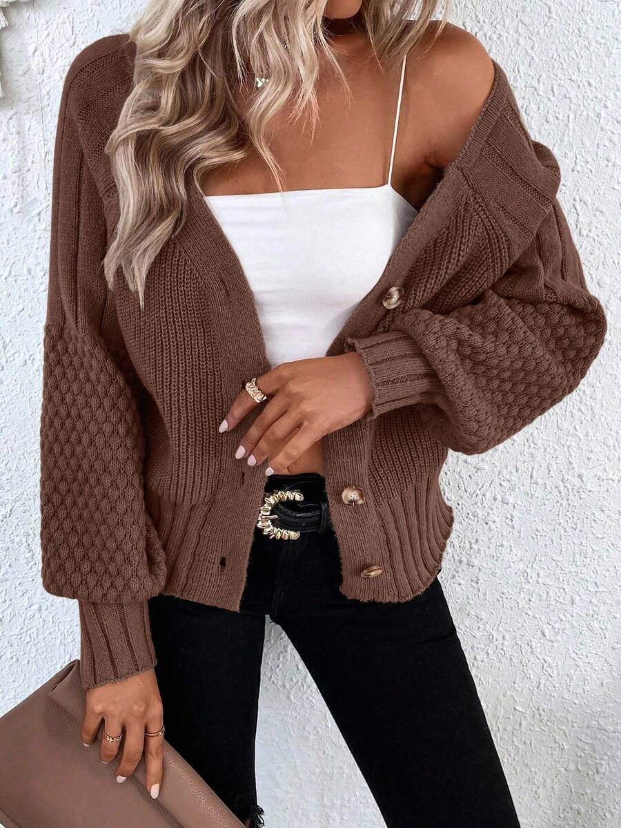 EMERY ROSE Raglan Sleeve Textured Knit Cardigan Button Up Cardigangreen Cardiganchunky Cardigan - Coffee Brown - View 1