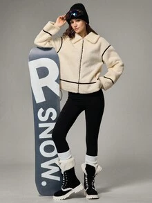Hanevo Women's Dropped Shoulder Long Sleeve Zipper Front Sherpa Casual Regular Jacket, Autumn/Winter - Apricot - View 6