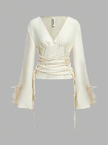 MISSGUIDED 女式秋季时尚低胸喇叭袖系带腰部细节衬衫 - 杏色 - 查看 1