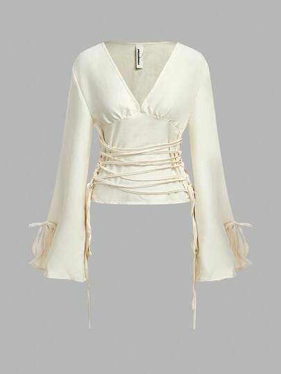 MISSGUIDED Blouse avec encolure plongeante, manches évasées, détail de laçage à la taille pour femmes, mode automne