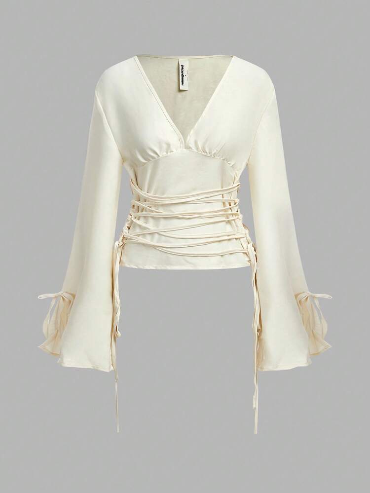 MISSGUIDED Plunge Neck Bell Sleeve Lace Up Waist Detail Blouse For Women Fall Fashion