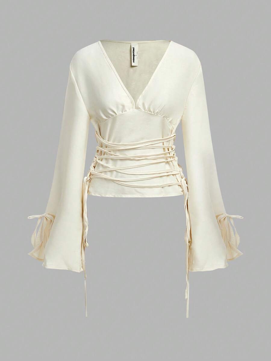 MISSGUIDED 女式秋季时尚低胸喇叭袖系带腰部细节衬衫 - 杏色 - 查看 1