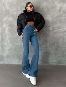 RueChic 98%Cotton Washed Flared Jeans With Slanted Pockets - Blue - View 6