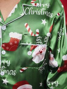 Notgurli 2件套圣诞主题印花卡通趣味圣诞老人缎面舒适家居睡衣套装，礼盒包装，内含拐杖糖、铃铛、雪花、雪人图案，适合家庭聚会、男士休闲服、秋冬服装 - 彩色 - 查看 7