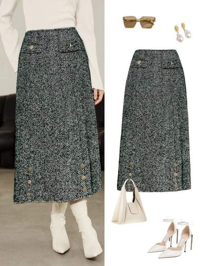 Uhlyne Women's Minimalist Vintage Herringbone Dark Green Metal Button Thick Skirt, Autumn/Winter Outerwear,Spring/Autumn/Winter, Minimalist, Work Wear, Teacher Outfits, Back To School, Fall, Business Casual