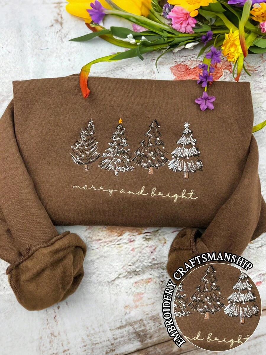 INAWLY 女士卫衣，圣诞树元素字母刺绣重工艺，女朋友和闺蜜礼物，情侣礼物，圣诞礼物，适合居家穿着，长袖抓绒保暖秋冬针织毛衣，2025新款女士卫衣 - 彩色 - 查看 1