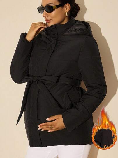 MaterniWear 孕妇纯色休闲长袖棉衣腰带外套，冬季冬季外套女士孕妇冬季外套黑色孕妇夹克女士羽绒外套孕妇外套