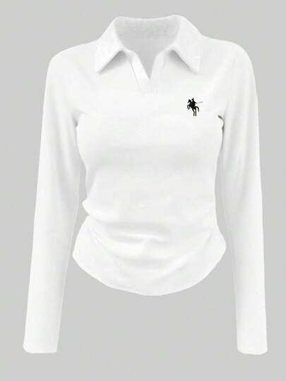 Rina Fox 女式简约刺绣 Polo 领长袖 T 恤