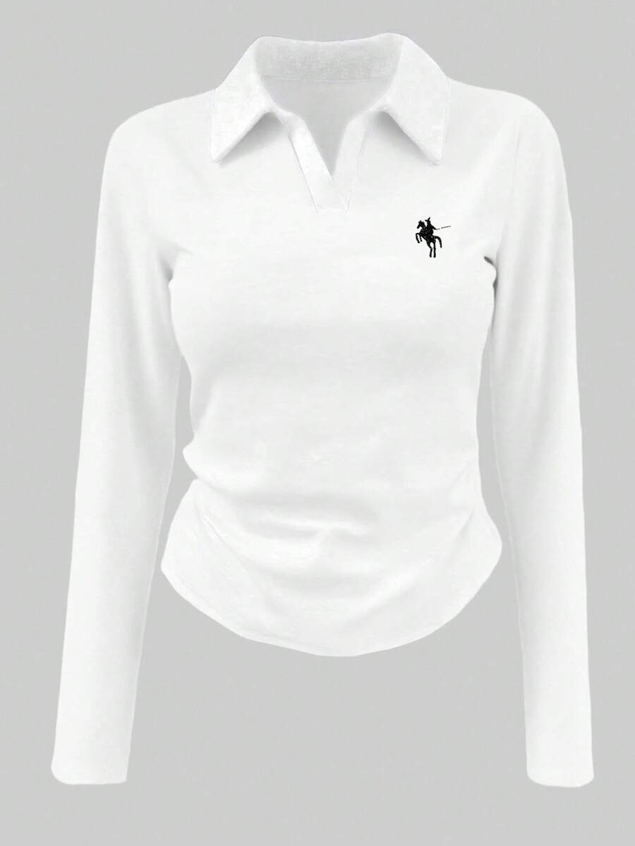 女式简约刺绣 Polo 领长袖 T 恤 - 白色 - 查看 1