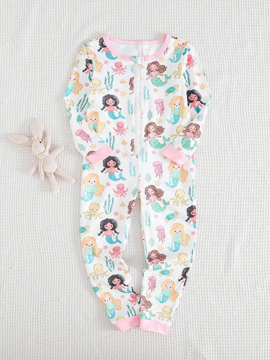 Bộ đồ ngủ liền thân dài tay cổ tròn bó sát in hình nàng tiên cá và sinh vật biển cho bé gái mới - Nhiều màu - Xem 1