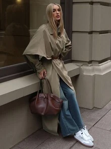 Aloruh 女式休闲裹领收腰长款风衣，秋冬 - 卡其色 - 查看 7