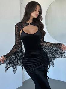 Firerie Damen Gothic elegantes Spitzenkleid mit Fledermausärmeln, geraffter Tunnelzugbund, Meerjungfrauensaum, Samtgewebe, Schwarz, geeignet für Halloween - Schwarz - Übersicht 2