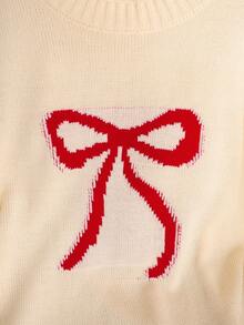 SHEIN Tween Girls' Loose Casual Minimalist Comfortable Round Neck Pullover Bow Graphic Long Sleeve Sweater - Apricot - View 4