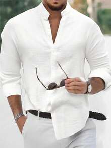 Manfinity Homme Loose Fit Men's Solid Button-Front Shirt (No Tee) - White - View 1