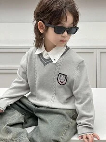 DAZY Young Boy V-Neck Long Sleeve Collegiate Sweater, Autumn/Winter - Grey - View 3