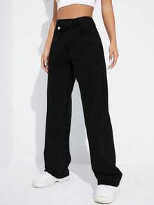 SHEIN EZwear 冬季加大码女式不对称腰身个性化时尚牛仔裤 - 黑色 - 查看 3
