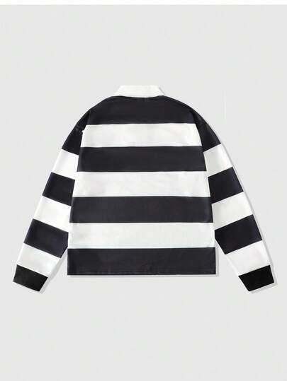 Street Life Camisa polo con estampado de calavera a rayas de estilo punk para hombre, camiseta casual holgada y corta, otoño