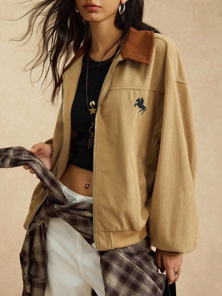 Easelle 秋季女式校服休闲拼色领夹克 - 彩色 - 查看 1