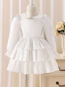 Glamorique Kids فستان كيك أبيض بتصميم جميل للبنات الصغيرات، طويل الأكمام، مناسب للحفلات وفتاة الزهور، مناسب للخريف والشتاء - أبيض - مشاهدة 1