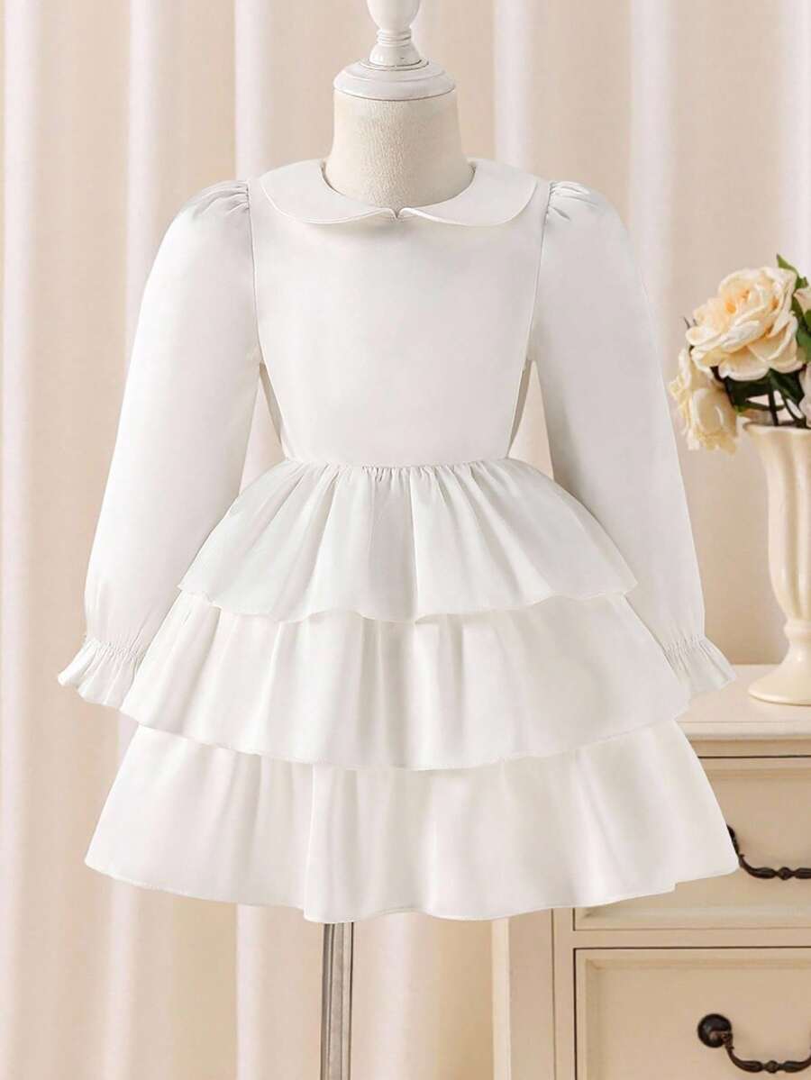 Glamorique Kids فستان كيك أبيض بتصميم جميل للبنات الصغيرات، طويل الأكمام، مناسب للحفلات وفتاة الزهور، مناسب للخريف والشتاء - أبيض - مشاهدة 1