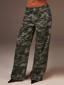 Athîral Women's Green Camo Wide-Leg Jeans | Durable Twill Woven Denim, Structured Yet Smooth Feel, Relaxed Straight Cut, High-Waist With Classic Five-Pocket Design, Zip Fly & Belt Loops, All-Over Camouflage Print, Timeless Utility Details, Versatile Street Style & Capsule Wardrobe Basic For Spring, Fall & Everyday Social Scenes - Army Green - View 4