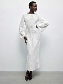 Maija 女士秋冬时尚性感简约纯色露背喇叭袖修身连衣裙 - 白色 - 查看 6