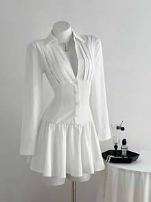 Elamini 1 件女式白色褶皱 V 领纽扣休闲连衣裙、通勤连衣裙、返校连衣裙、衬衫裙，适合日常、休闲、学院风穿着