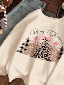 SHEIN Beige,Autumn,Cute,Matching Family Tween Girls Happikins Christmas Tree Pattern Sweatshirt,Glitter Gold Leopard Print Crew Neck Soft Loose Long Sleeve - Beige - View 4