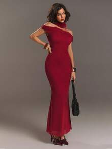 Aloruh 褶饰露肩毛茸茸领子紧身连衣裙，适合派对穿着 - 酒紅色 - 查看 4